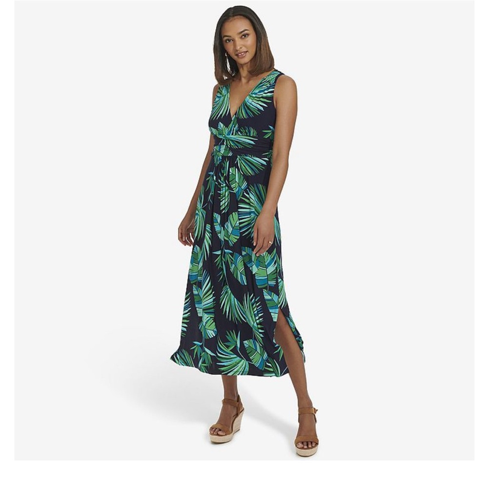 Tropical Leaf Print empire waist maxi dress